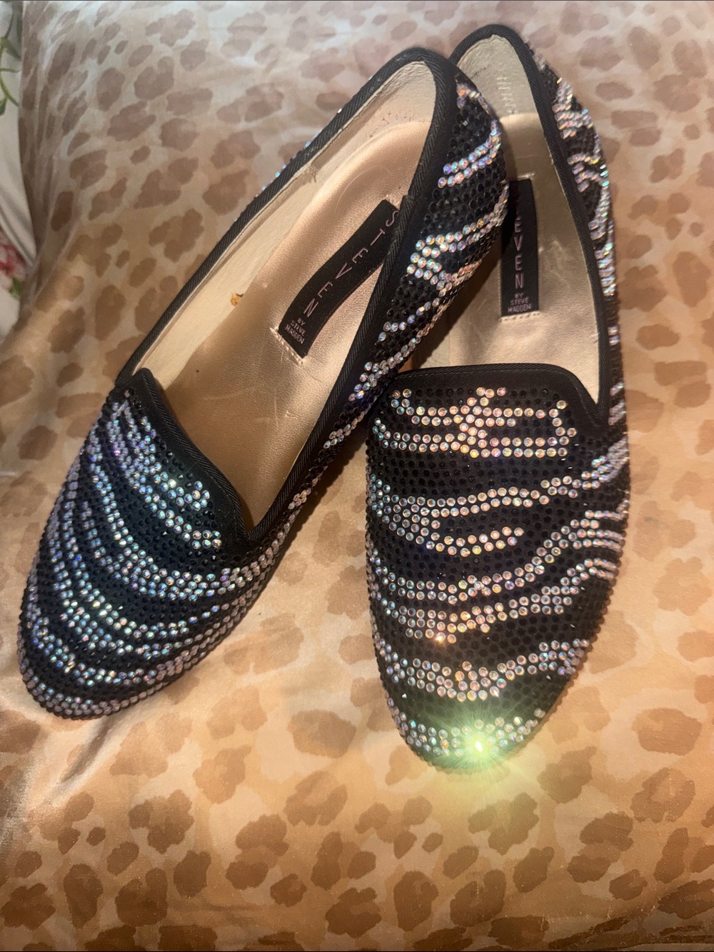 Steven By Steve Madden Black Crystal-Embellished Slip-On Flats